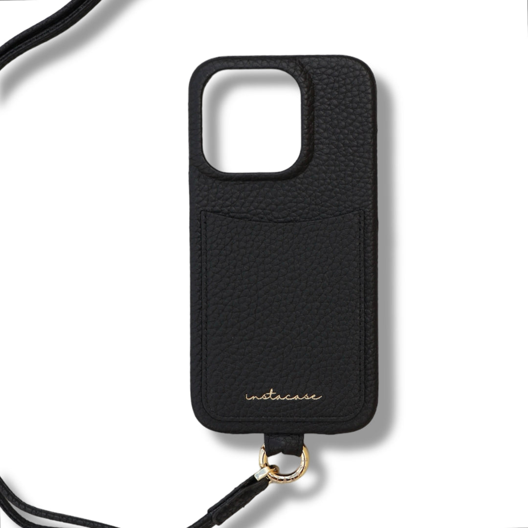 Funda para iPhone «The Sling» en piel Black Caviar con asa — InstaCase Portugal