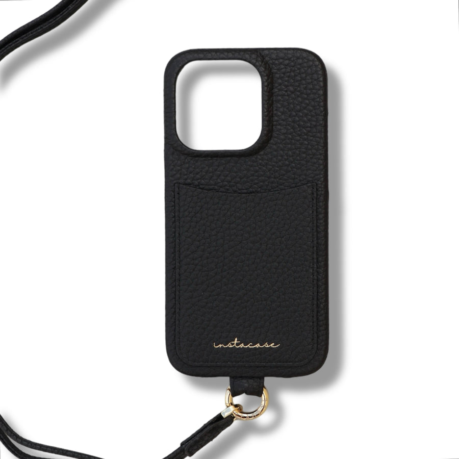 Funda para iPhone «The Sling» en piel Black Caviar con asa — InstaCase Portugal